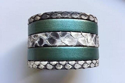 Lula Costa Rican Handmade Fashion Design Silver Snake Print Green 5 Leather One Bracelet with Silver Alloy Metal Magnet Clasp