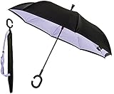 P.I. Home Store - Reverse folding action Double Layered Windproof Umbrella - Black and Purple with Handsfree C-handle , Unique protection buffer and carry bag.