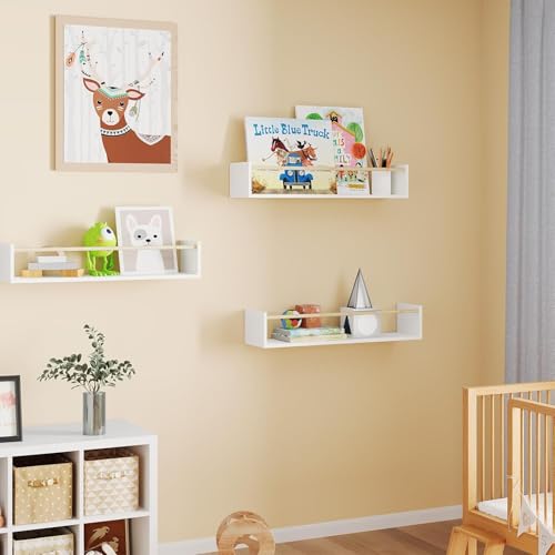 Kids Nursery Bookshelves, 16.5 Inch Floating Shelves for Wall Set of 3, Bookshelf for Bedroom, Baby Nursery Decor (White and Natural Wood)