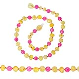 Baltic Amber Teething Necklace for Baby with Pink Agate - Natural Soothing, Teething Pain Relief With Raw Certified Amber - Safety Knotted - Highest Quality Jewelry for Your Kid (Pink - 12.5