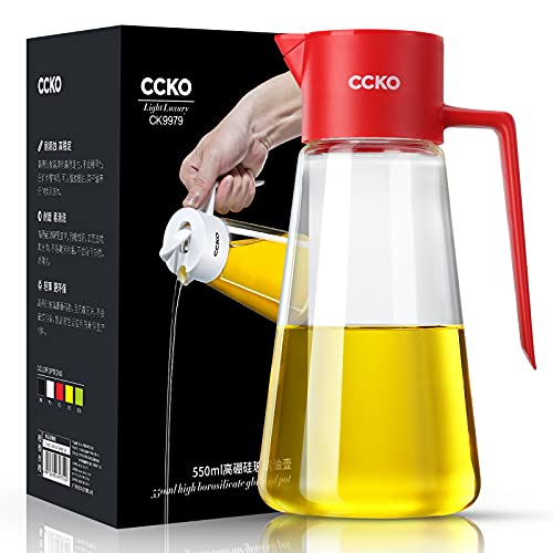 CCKO Olive Oil Dispenser Bottle 19oz Glass Oil Bottle for Kitchen Cooking,Auto Flip Drip Free Cooking Oil Dispenser,Suitable for Soy Sauce,Syrup,Vinegar,Salad Dressing Container (Red)