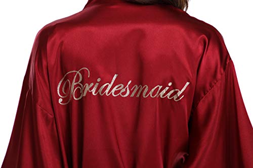 Women's Silky Bride Bridesmaid Kimono Robes Short Wedding Party Getting Ready Robe Dressing Gown with Gold Glitter, Bridesmaid Wine L - Thumbnail 5