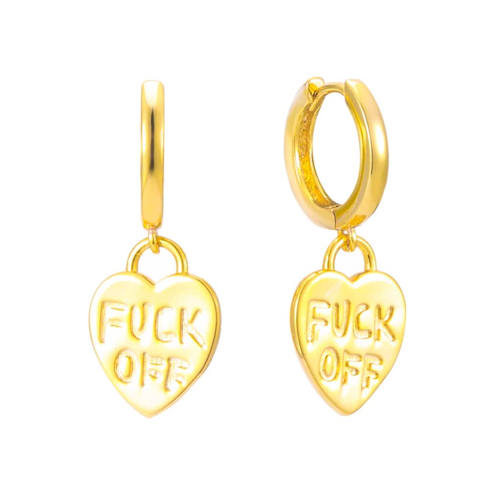 Personalized Words Heart Dangle Drop Small Huggie Hoop Earrings for Women Girls Small Hoops Cartilage Piercing Lightweight Dainty Fashion Charm Unique Cool Punk Teens BFF Jewelry (Gold)
