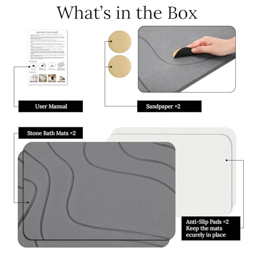Euqvunn Alfombrilla de Baño de Piedra 60 x 39 cm 2 Unids – Secado Rápido, Antideslizante, Absorbente, Resistente a la Humedad, de Tierra de Diatomeas para Cocina, Bañera y Salida de la Ducha – Gris