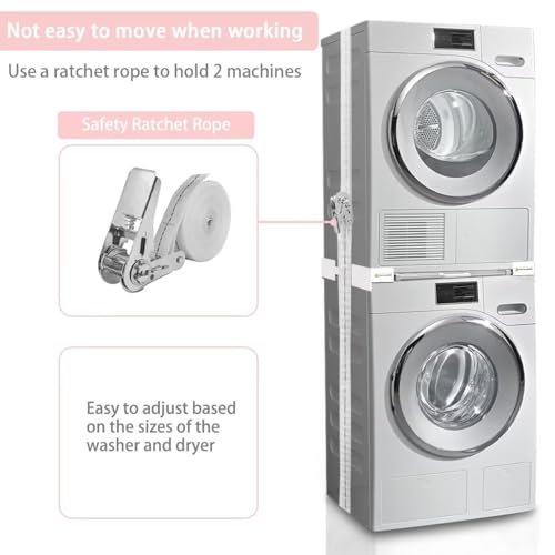 NIUXX Universal Stacking Kit for Washer and Dryer - Adjustable Stacker Frame for 53-68 cm Tumble Washing Machine - Stackable Sliding Shelf with Ratchet Ropes & Anti Vibration Feet