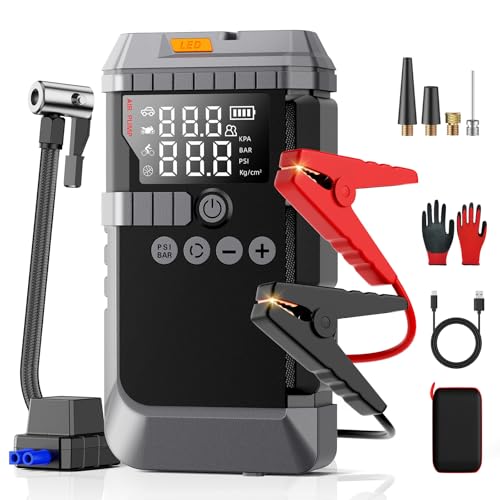 6000A Portable Booster Pack Jump Starter with Air Compresso 160PSI | 12V Jump Box with Tire Inflator for Car Battery, LED Display for All Gas & 12L Diesel Engines, LED Light, Jumper Cables