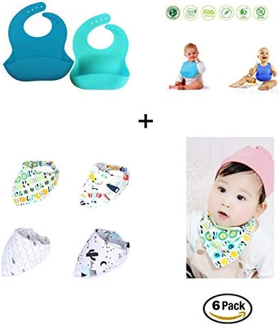 6 Pack Bundle/Set by iZEN 2 Adjustable Soft Feeding Bibs with Food Crumb Catcher Pocket for Babies/Toddlers (Mint/Baby Blue) + 4 Pack Bandana Drool Bibs Set for Boys and Girls