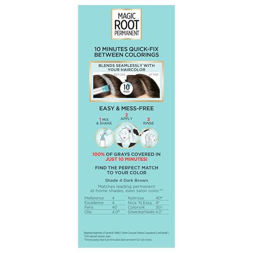 L’OREAL PARIS MAGIC ROOT RESCUE 10 MINUTE ROOT HAIR COLORING KIT, PERMANENT COLOR WITH QUICK PRECISION APPLICATOR, 100 PERCENT GRAY COVERAGE, 4 DARK BROWN, 1 KIT (PACKAGING MAY VARY)