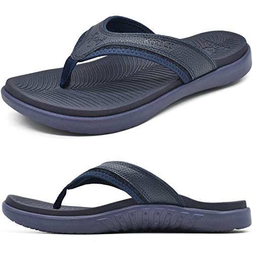 KuaiLu Mens Leather Sport Flip Flops Comfort Orthotic Thong Sandals