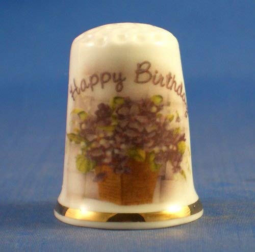 Porcelain China Collectable Thimble - Happy Birthday Floral -- Free Gift Box