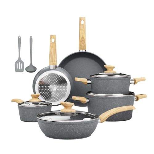 Kitchen Academy 12-Piece Set Frying Pan and Saucepan Induction Battery Grey | Non-Stick Granite Cookware for All Hobs, 100% Healthy and PFOA and PFOS-Free, Easy to Clean