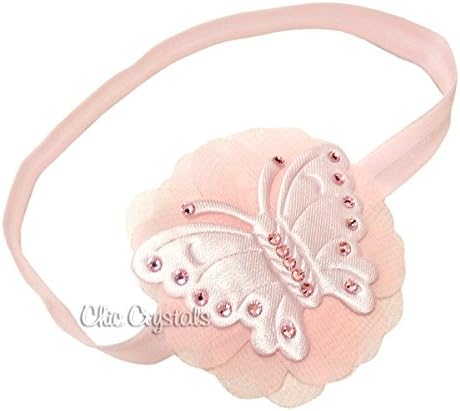 Butterfly Chiffon Headband with Swarovski Crystals for Baby Girls (6-12months, pink)