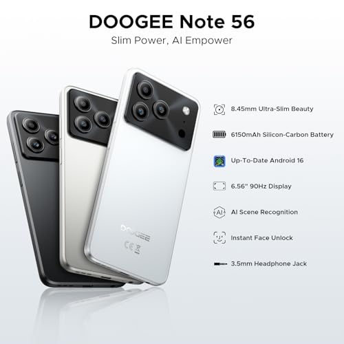 DOOGEESmart Note 56 Mobile Phones, Android 16 Smart Phone, 6150mAh, 8.45mm, 6.56"" HD+ 90Hz, 24GB + 64GB/2TB Android Phones, Dual SIM Unlocked Mobile Phone, Face ID, GPS, OTG, FM