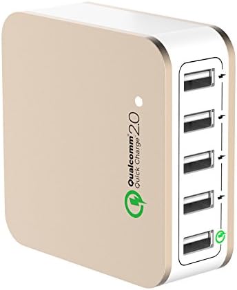 5-port 40W Multiport USB Charger Quick Charge 2.0 Charger Station For Multiple Devices - Smartphones, Tablets, Cameras, Cell Phones, Premium Design by Tapiona Smart Gadgets (Gold &amp; White)