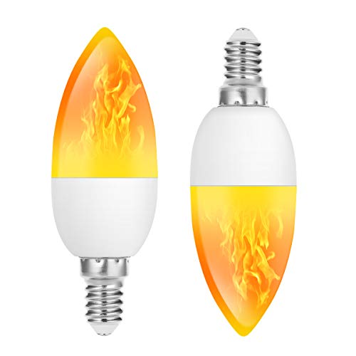 DORESshop LED Flame Effect Light Bulbs, E12 Candelabra Base, 3W 4 Modes Flickering Fire Christmas Lights with Upside-down Effect, Simulated Decorative Atmosphere Lighting for Party/Home, 2 Pack