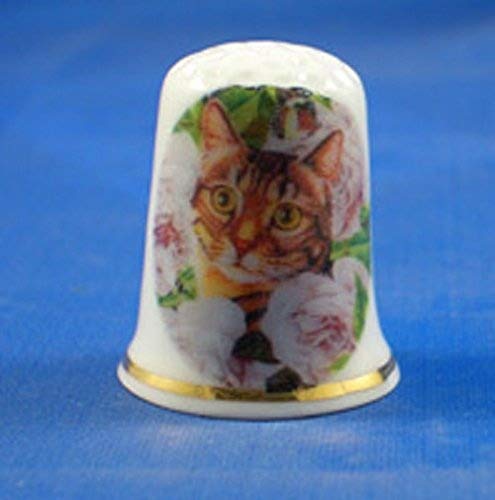 Porcelain China Thimble -- Ginger Cat in Pink Roses