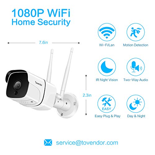 Tovendor Outdoor Security Camera, 1080P WiFi Bullet Cam, CCTV Surveillance System, IP66 Waterproof IP Camera with Two-Way Audio, Night Vision and Cloud Storage, Compatible with iOS/Android/Web