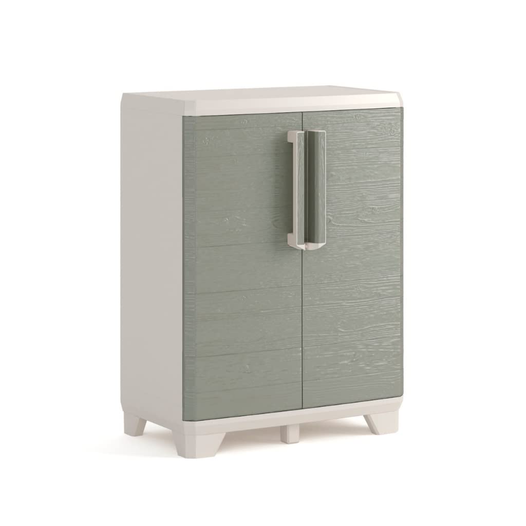 Keter Wood Grain Low Wardrobe, Grey with Imitation Wood Doors, 68 x 39 x 97 cm