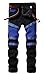 Men's Black Zipper Ripped Straight Slim Moto Biker Jeans, Black&blue, 32