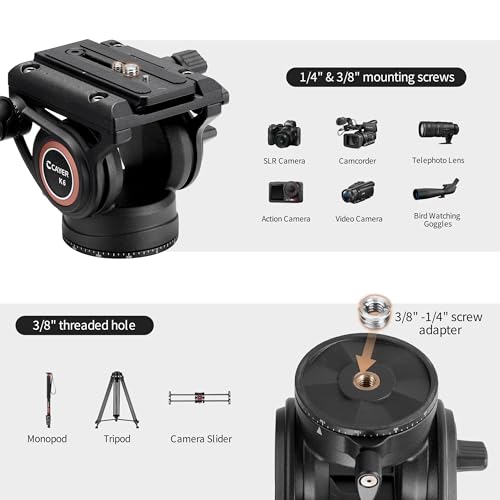 Cayer Video Fluid Head with Quick Release Plate, Telescopic Handle Scaled Base for Mirrorless, Video Cameras and DSLRS, Compatible with Gimbal Plate for dji RS Series, K6 | Metal housing, adjustable tray handle, smooth fluid movement, support dual mode, for camcorder
