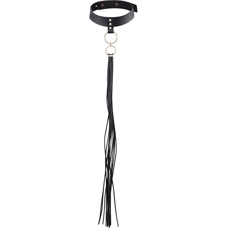 Bijoux Indiscrets MAZE - schmales Halsband mit Ring und Peitsche schwarz aus veganem Leder - BDSM bondage sexy Fessel
