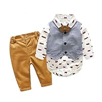 JIANLANPTT 3Pcs Toddler Baby Gentlemen Outfits Casual Clothes Set Gray Vest+Yellow Brown Pants+Infant Boys Print Tops Romper Shirt White 18-24months