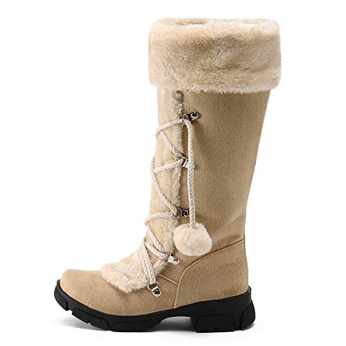 Teresamoon Women Suede Hairball Round Toe Square Heel Shoes Keep Warm Zipper Snow Boots (Beige/42)