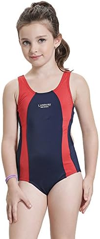 Kids Girl's Athletic One Piece Sport Swimsuit For 4-15 Years Girl's Training Swimwear Racerback Competitive Rush Guard Bathing Suit Young Girl's Beach Wear (152/9-12 Years, Navy Blue&amp;Red)