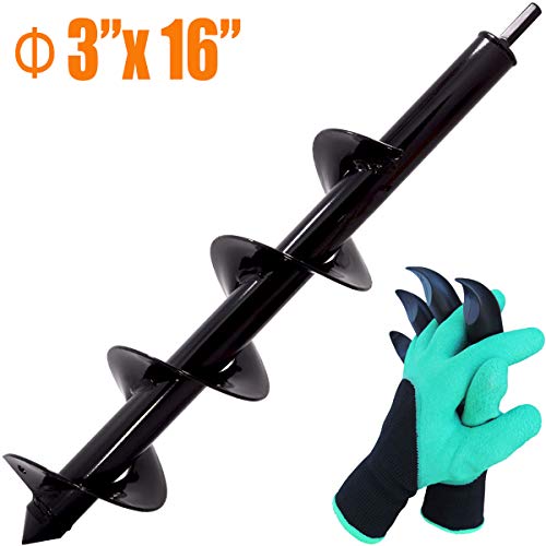 Koopi Auger Drill Bit, Garden Plant Flower Bulb Auger 3" x 16" Rapid Planter with Hex Shank for Drill, Post Hole Digger with Bonus Garden Genie Gloves (Advanced Blade)