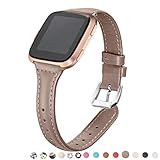 bayite Bands Compatible with Fitbit Versa/Fitbit Versa Lite/Fitbit Versa 2, Replacement Accessories Strap Slim Genuine Leather Band Women Men, Tan (5.3"-7.8")