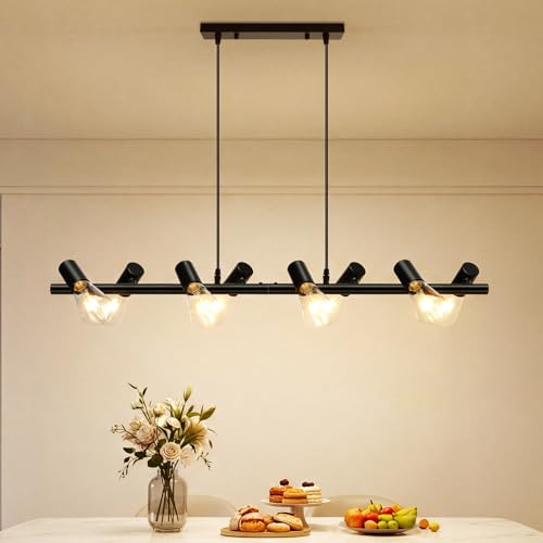 VivaLet Dining Table Pendant Ceiling Lamp with 8 Bulbs, E27 Base, Black, Swivel Head, Height Adjustable Industrial Pendant Lamp for Dining Room, Kitchen, Bar, Restaurant