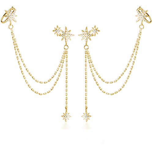 SLUYNZ 925 Sterling Silver Fashion Star Cuff Earring Chain for Women Star Crawler Earring Wrap Earrings (Pair-D-Gold Plated)