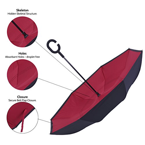Marino Upside Down Umbrella - Reverse Folding Inside Out Umbrella - Unbreakable - Red
