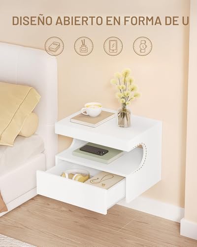 Hzuaneri Floating Bedside Table, U-Shaped Design, White | NS50103X Modern Hanging Shelf and 1 Drawer with Runners, Bedroom and Living Room, 30 x 40 x 29.2 cm