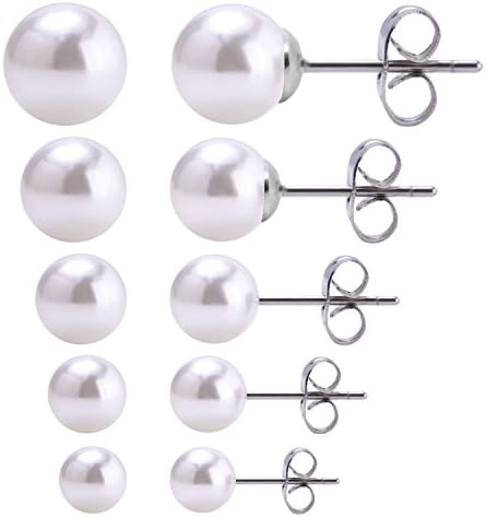 CrazyPiercing 5 Pairs Assorted Sizes Imitation Pearl Ball Stud Earrings Stainless Steel Earrings Pin