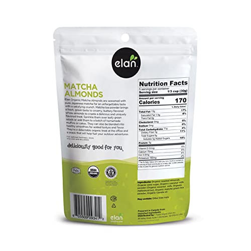 ELAN ORGANIC MATCHA ALMONDS, 5.6 OZ, NON-GMO, GLUTEN-FREE, VEGAN, KOSHER, SUPERFOOD INFUSED NUTS (ROASTED ALMONDS, COCONUT, MATCHA GREEN TEA POWDER), SOURCE OF ANTIOXIDANTS (VITAMIN A)