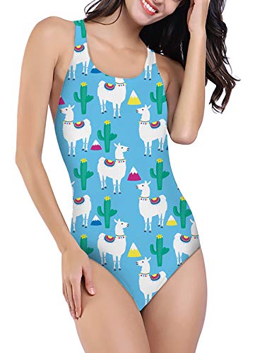 RAISEVERN Women's Blue Llama Alpaca Cactus Printed Monokini One Piece Swimsuits Pink Bathing Suit Swimwear 80s Clothes Beachwear