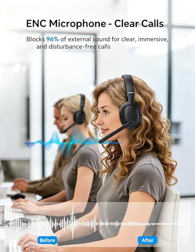 TECKNET 5.4 Bluetooth Headphones Over Ear, Stereo/Mono 2-in-1 Wireless Headphones, 65H Playtime & Mute, Wireless Headset with ENC Noise Cancelling Microphone for Home Trucker Office Call Center, Black