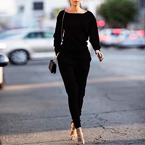 Dreamyth-Winter 2Pcs Women Solid Tracksuit Sweatshirt Regular Sleeve Long Pants Sport Lounge Wear Suit Sets (Black, S:Bust:98cm/38.6'')
