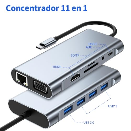 vantisan HUB USB C,11 en 1 Adaptador Tipo C,Multipuerto Hub Tipo C con HDMI 4K@30Hz, 100M Ethernet,1USB 3.0,3USB 2.0,Puerto VGA,Carga PD 100W,Lector de Tarjetas SD/TF y Conector de Audio de 3,5 mm
