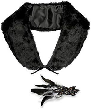 WIDMANN 07803 - Fancy Dress Set 20s Charleston, Stole and Headband, Faux Fur, Carnival, Theme Party, Black