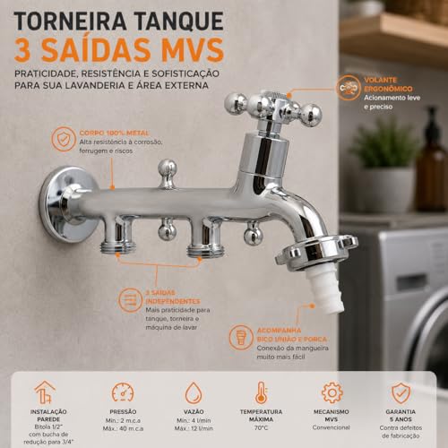 Torneira Tanque Máquina De Lavar 3 Saídas Cromada Metal Parede Com Bico Área Externa Lavanderia Luxo