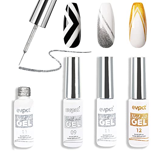 EVPCT 3Pcs 8ml Metallic Gel Liner Nail Polish, Gold Silver White - Gel Liner for Nail Art Designs with Silver Glitter, Thin Brush, Soak Off Curing