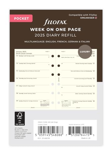 Filofax Agenda tascabile 2025, con settimana per pagina, 4 lingue, color crema di cotone