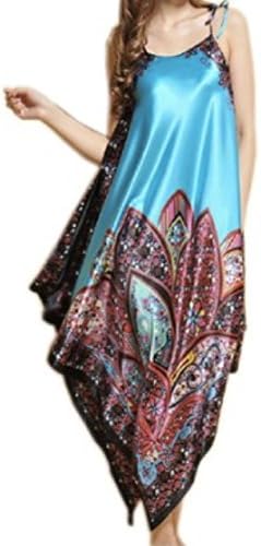 THJ-C Women's Bohemian Style Silk Night Gown [Sky Blue] Shoulder Strap