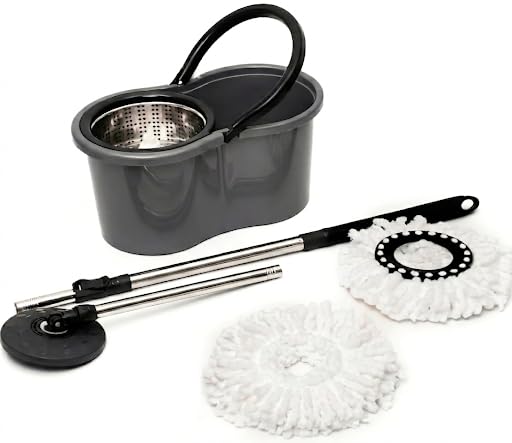 Mop Giratório Balde 9l Cesto inox Reforçado +2 Refis Microfibra Premium Plus- Esfregão Lava e Seca 360 Original