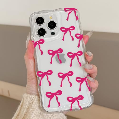 QLTYPRI Bow Case for iPhone 14 Pro, Cute Ribbon Bows Wavy Curly Frame Clear Phone Case for Girls Women, Aesthetic Bowknot Transparent Soft Silicone TPU Bumper Shockproof Protective Cover - Hot Pink