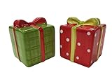 Christmas Salt and Pepper Shakers - Ceramic Holiday Presents Red and Green With Bows Stocking Stuffer Hostess Gift