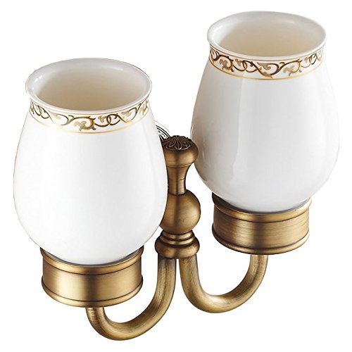 Antique Brass Bathroom Ceramics Double Toothbrush Tumbler Holder Wall Mounted
