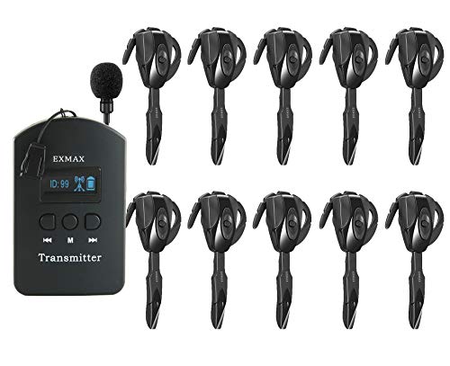 EXMAX® ISM 2.4GHz-2.4835GHz Wireless Tour Guide Monitoring System Earhook Receiver Headset Microphone for Church,Simultaneous,Interpreting,Teaching,Conference,Travel(1 Transmitter 10 Receivers)